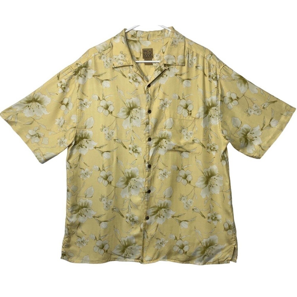 Jos A Bank Hawaiian Shirt Mens Large Yellow White Flowers Silk Relaxed Aloha